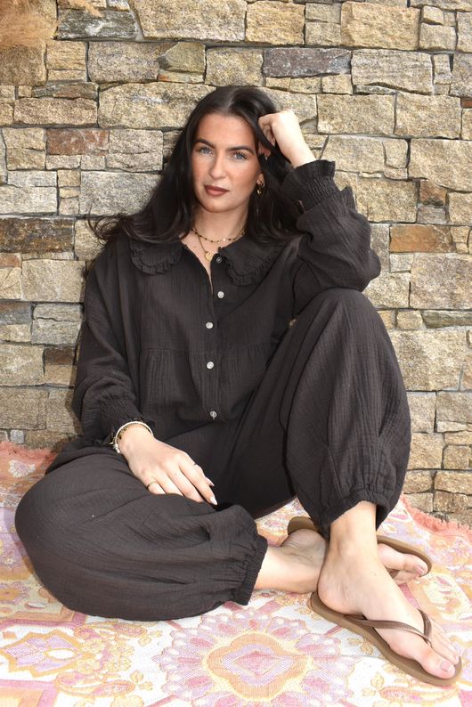 Annie Cushion Cotton Peter Pan Smock Blouse Chocolate